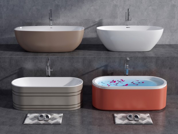 现代浴缸，浴盆，一体式浴缸，独立浴缸，拖鞋地垫