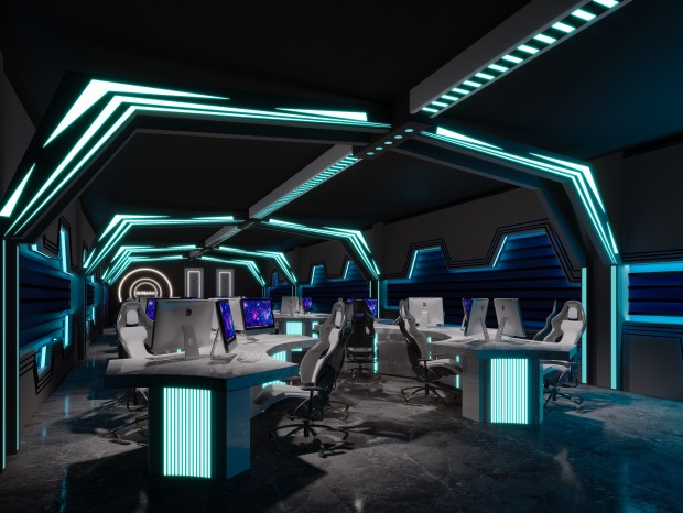 现代科幻电竞游戏网咖大厅，太空船主题网咖，电竞，网咖，赛博朋克，电脑，电脑桌子，