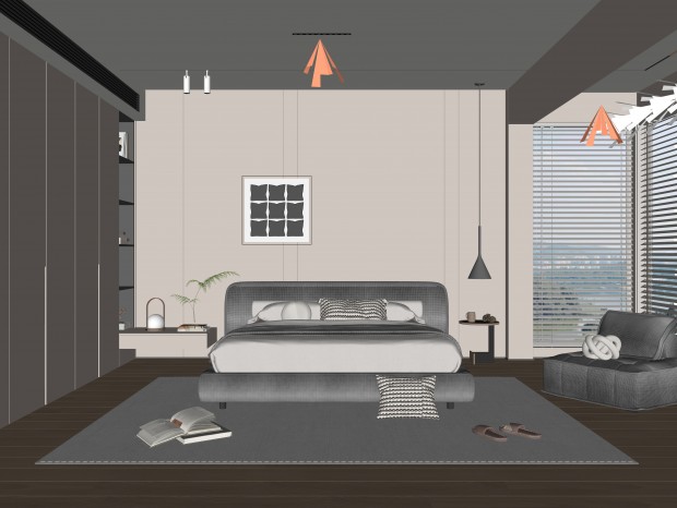 现代卧室，布艺双人床，单人休闲椅，边几，吊灯，台灯，书籍，绿植，饰品摆件