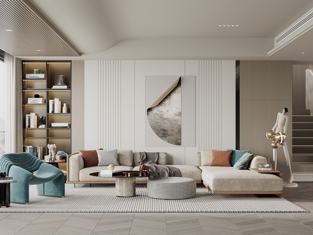 VR  现代客厅 沙发背景墙 沙发茶几组合