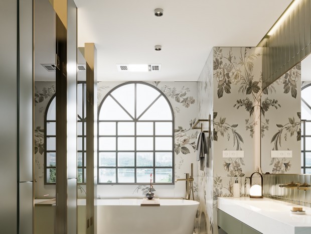 法式卫生间 现代卫生间 浴室柜 洗脸盆 镜柜 玻璃隔断 花砖