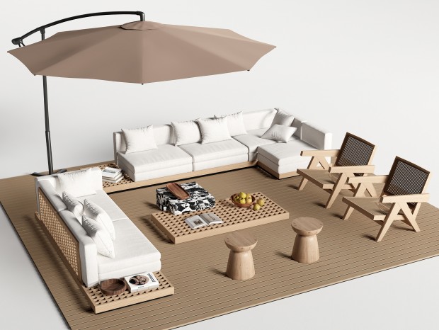 现代户外沙发 庭院休闲沙发 休闲椅 边几 遮阳伞