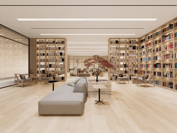 现代图书馆 书吧 木质书架 阅读室 休闲桌椅 卡座 书桌吊灯 休息区