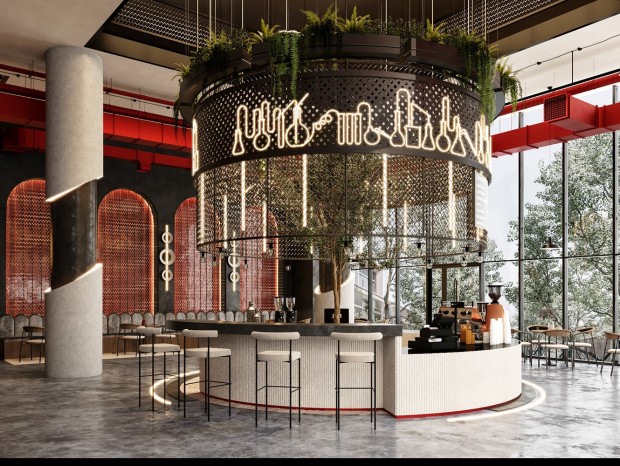 现代复古红圆形台吧咖啡厅设计！
