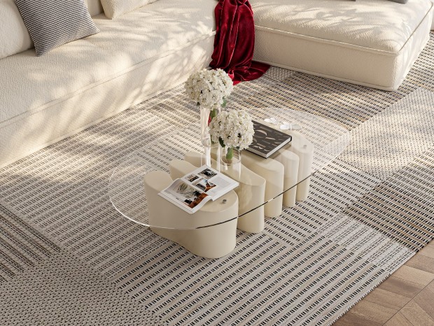 现代奶油茶几 多人沙发 饰品 摆件 绒布 地毯 木地板 绿植 抱枕