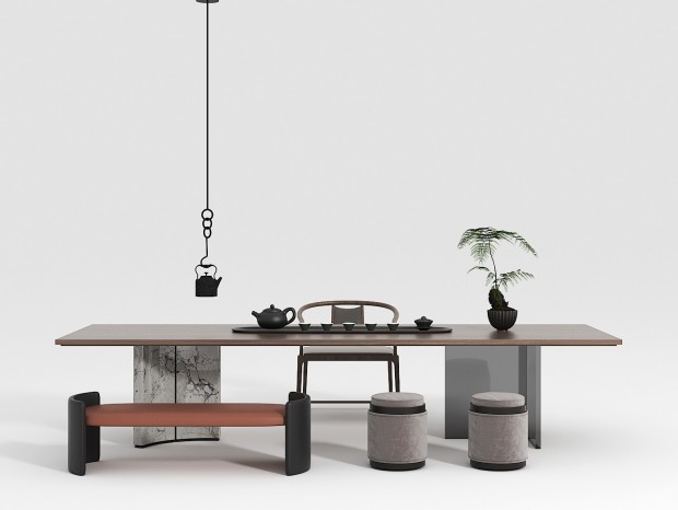 VR  新中式茶桌椅组合，植物，凳子，茶具，茶壶