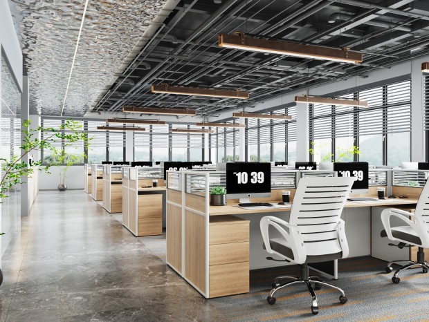 现代开放式办公室，办公区，绿植，办公桌椅