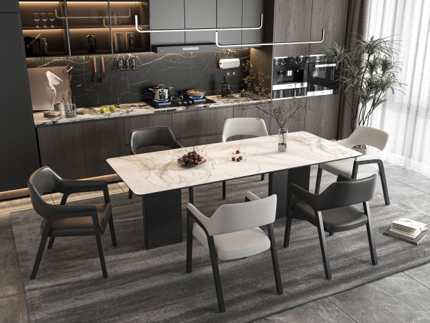 VR  现代家居餐厅 餐桌椅组合 酒柜 玻璃柜 橱柜 装饰柜 吊灯