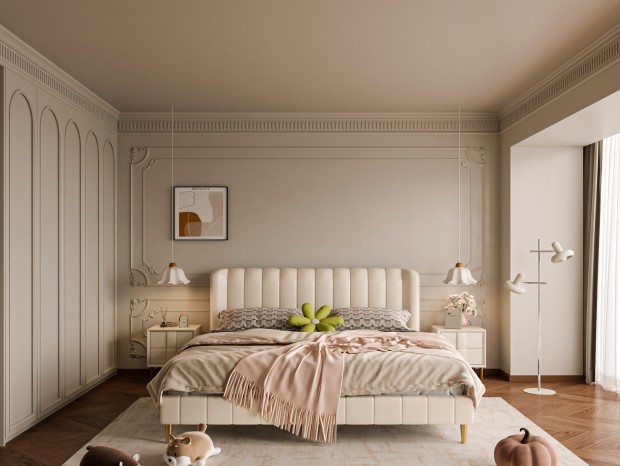 现代法式奶油风卧室 双人床 毛绒玩具 床上用品 灯具 装饰挂画 摆件 饰品