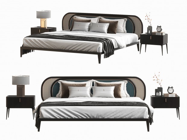 新中式双人床 新中式布艺双人床 新中式床头柜 新中式台灯