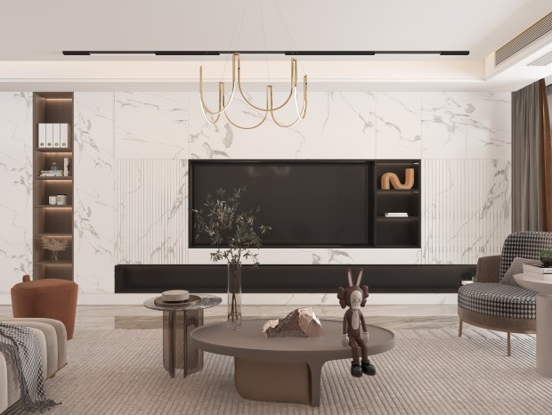 VR  现代客厅 影视墙 沙发墙 沙发组合 吊灯