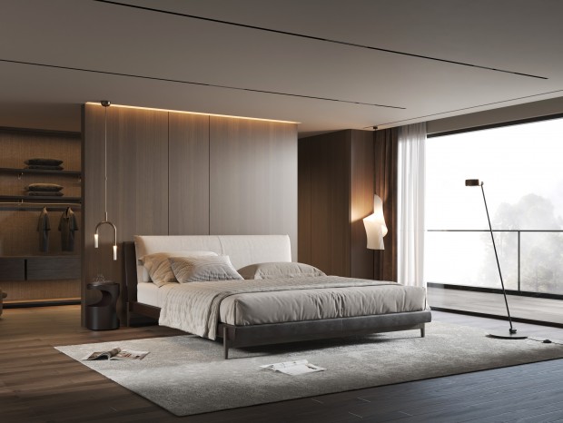 Minotti现代双人床，现代卧室，轻奢卧室，双人床，休闲沙发，小吊灯，台灯，落地灯