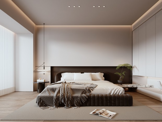 现代卧室 双人床 床品 床具 衣柜 落地绿植