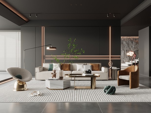 VR  现代客厅 沙发背景墙 沙发茶几组合