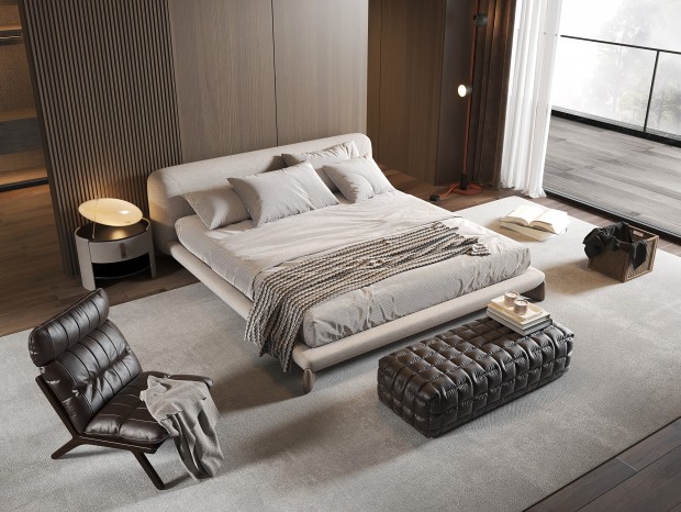 Minotti现代双人床，现代卧室，轻奢卧室，双人床，休闲椅，台灯，落地灯