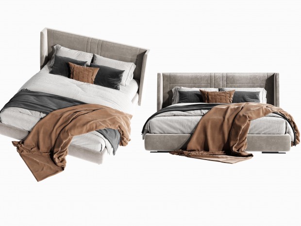 现代双人床，床品，抱枕