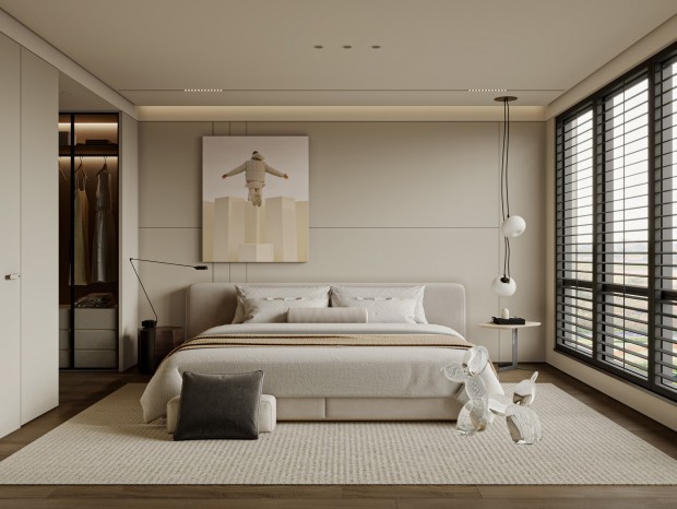 VR  现代 卧室 床 床头柜 饰品 窗帘 地毯 床头背景 衣柜