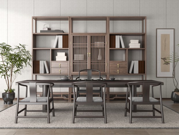 新中式茶室 茶桌椅组合 博古架 装饰柜 置物架 绿植盆栽  挂画