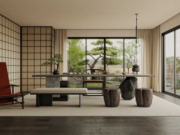 新中式 茶室 茶桌椅 盆栽 茶具 饰品摆