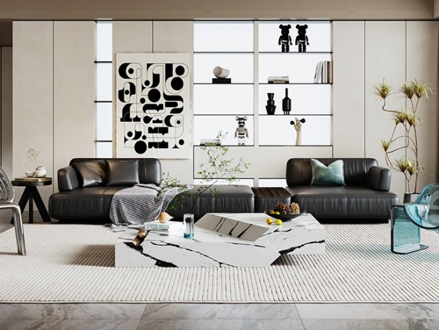 现代客厅  沙发  茶几  休闲椅  边几  装饰画  装饰柜  窗帘组合