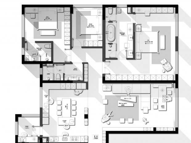 186㎡三房大平层方案 CAD 附草图---CDT空间