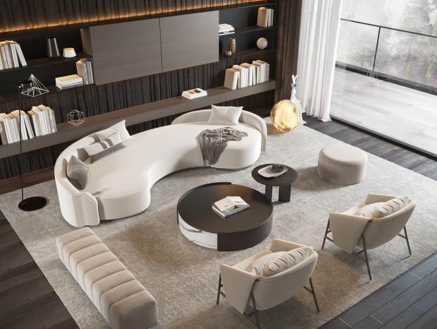 Minotti 现代沙发茶几组合，现代客厅，皮质沙发，书柜，休闲沙发，休闲椅，异形沙...