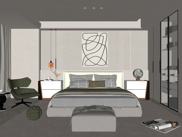 现代风格卧室 双人床 饰品 休闲椅 床头吊灯 造形吊顶 衣柜