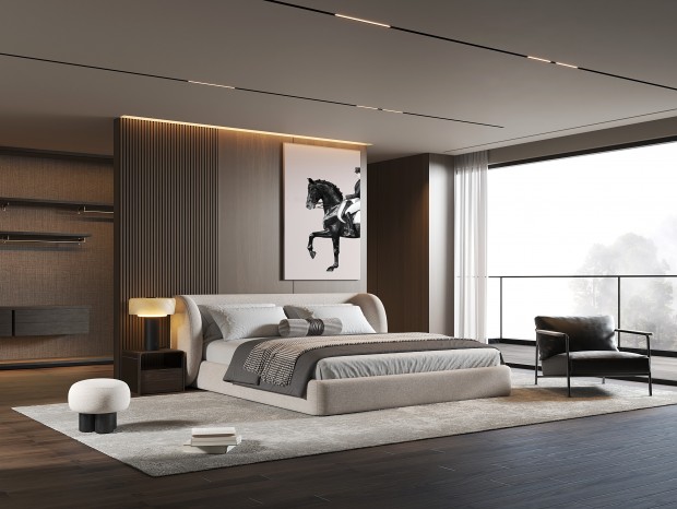 新中式卧室 双人床 现代卧室 轻奢卧室 双人床 休闲椅 台灯