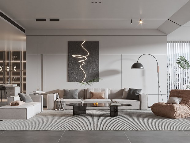 VR  现代客厅 现代沙发茶几组合 电视背景墙