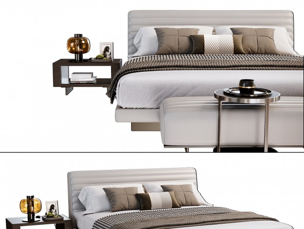 米洛提 Minotti双人床床头柜组合，Minotti床，现代双人床