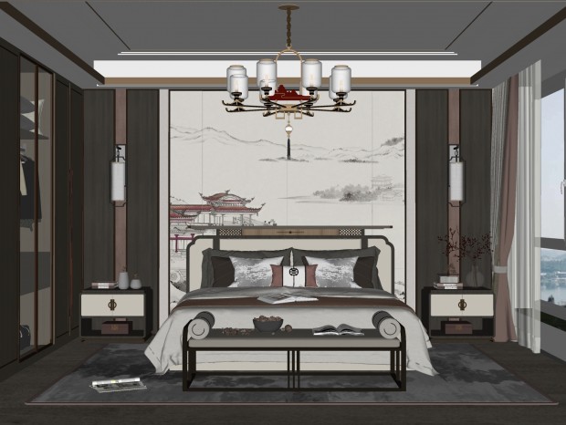 新中式卧室SketchUp模型 渲染器：Enscape