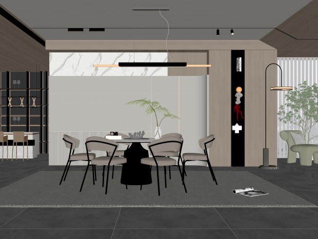 现代家居餐厅 餐桌椅组合 酒柜 地毯 灯具 饰品