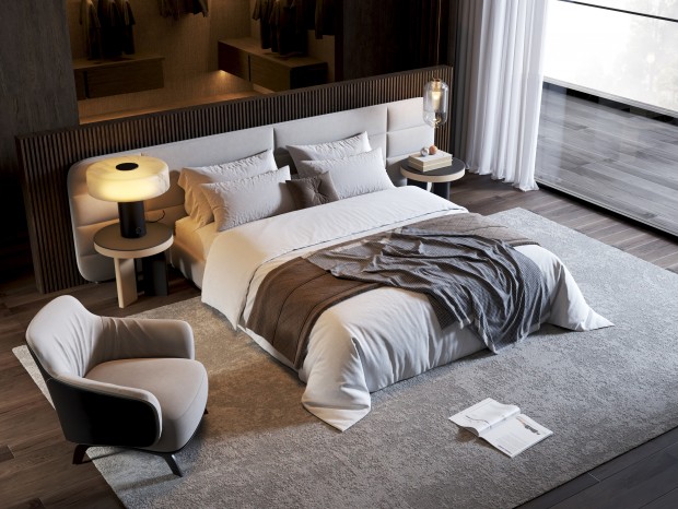 Minotti现代双人床，现代卧室，轻奢卧室，双人床，休闲沙发，小吊灯，台灯，衣帽间