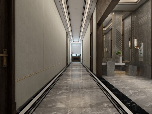 酒店走廊过道，饭店走廊过道，公共卫生间，新中式走廊