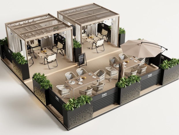 现代户外商业外摆区 户外桌椅组合 露营桌椅 植物花箱