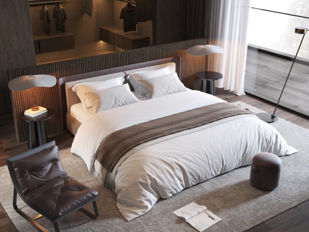 Minotti现代双人床，现代卧室，轻奢卧室，双人床，休闲椅，吊灯，落地灯