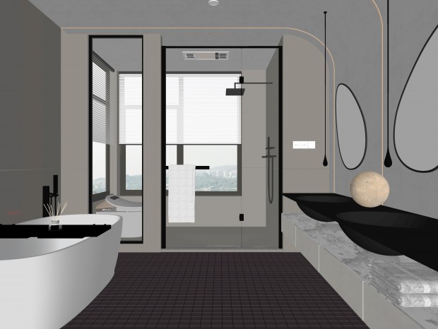 现代卫生间 马桶 浴室柜 浴缸 镜子 花洒 玻璃隔断 水滴龙头