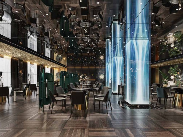 现代餐厅 饭店 海鲜馆 圆形餐桌椅 屏风 收银台 雕塑 鱼缸 绿植 桌花 吊灯 壁灯