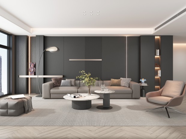 现代高级黑风格家居客厅 沙发组合 展柜 弯脖灯