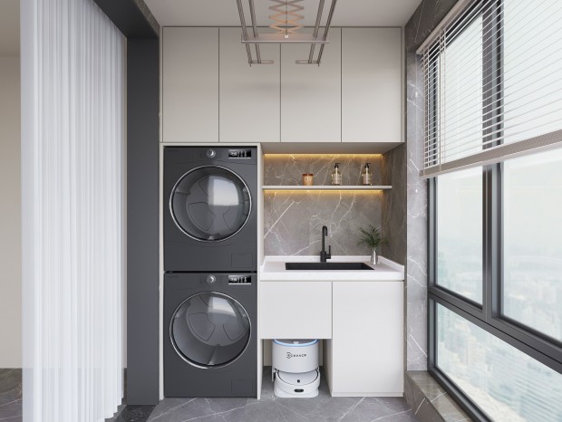 现代家居阳台 现代洗衣机柜 洗衣机 烘干机 晾衣架 洗手盆