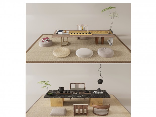 VR  新中式踏踏米茶桌茶台组合 石头茶台 蒲团 茶具 藤编地毯 坐垫