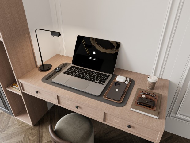 苹果电脑 办公用品 咖啡杯 苹果手机 手表 台灯 蓝牙耳机 眼镜 书本 书桌 墩子