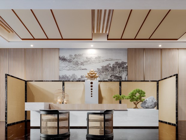 新中式简约酒店餐厅大厅，吧台，大厅，矮凳，藤编矮凳，大理石地砖，石头，假山，筒灯