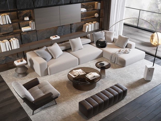 Minotti 现代沙发茶几组合，现代客厅，沙发，书柜，休闲沙发，休闲椅，高级沙发，...