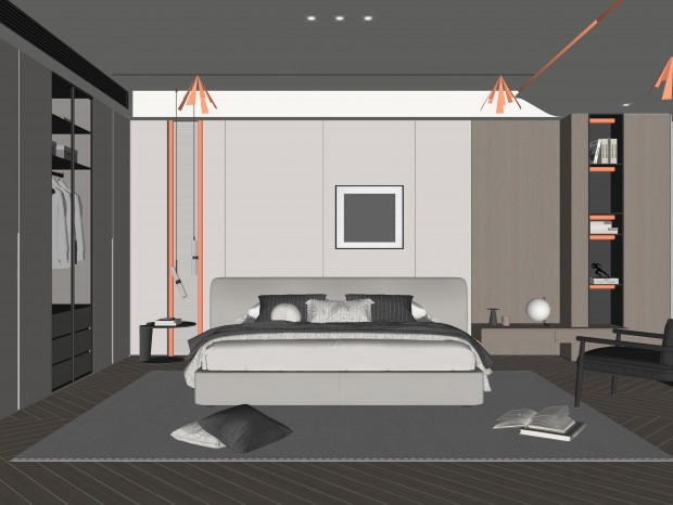 现代卧室，布艺双人床，单人休闲椅，边几，吊灯，台灯，书籍，绿植，饰品摆件