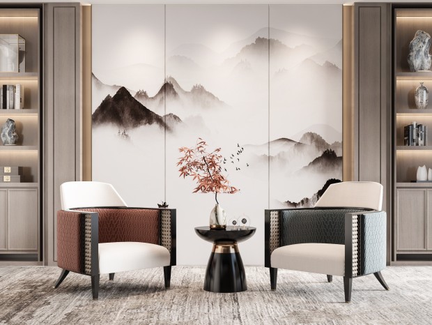 新中式单人沙发装饰柜组合