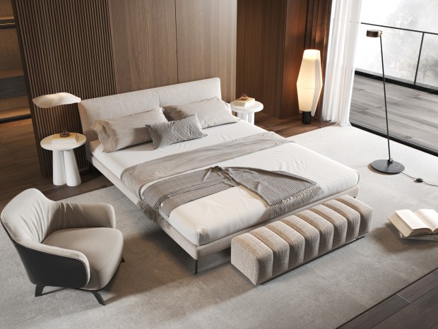 Minotti现代双人床，现代卧室，轻奢卧室，双人床，休闲椅，小吊灯，落地灯