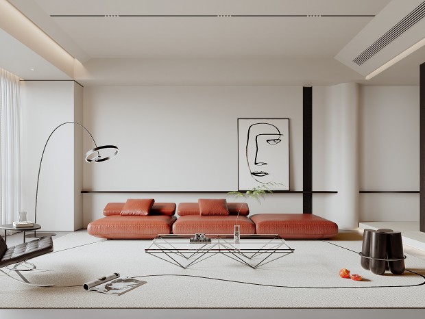 CR  现代客厅，沙发，单椅，茶几，摆件，落地灯，轨道灯，挂画，沙发背景